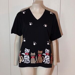 Victoria Harbour Black Sweater with Cat Appliqué Size Large Unique Cat Sweater